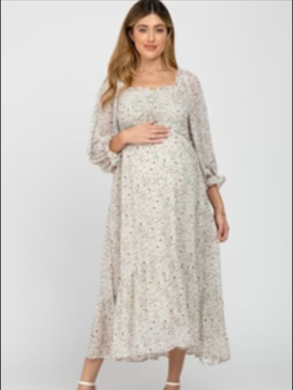 Ivory Floral Smocked 3/4 Sleeve Maternity Maxi Dress